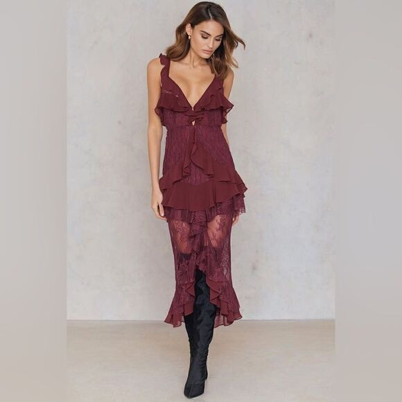 For Love and Lemons Daphne Midi Wine Red Dress  Lace Blouse Sheer Size XS - Picture 4 of 13